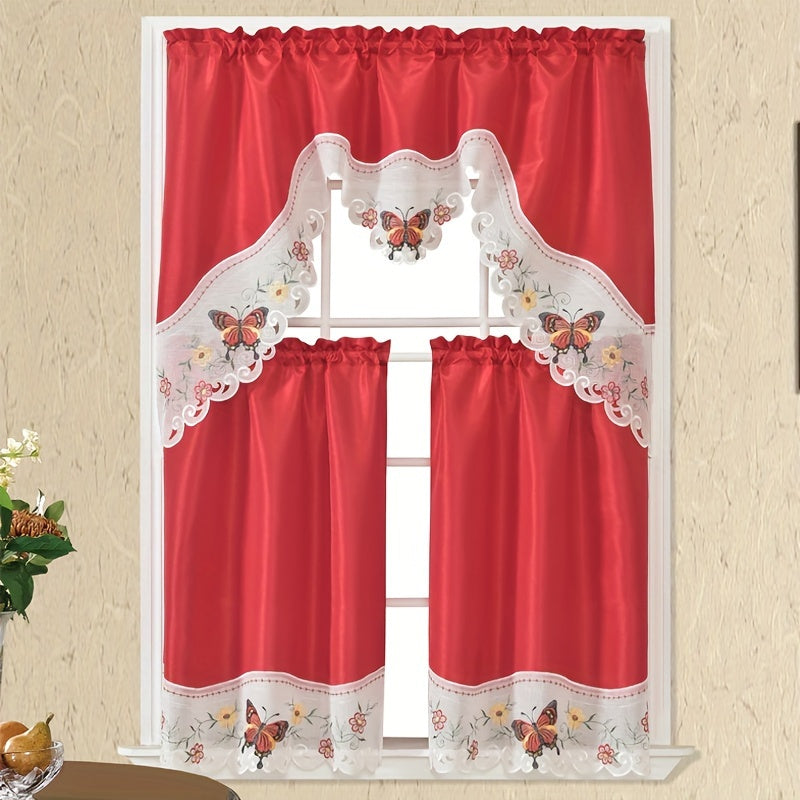 1 SET 3pcs/set Polyester plain fabric with beige floral lace, machine- pink blue gray burgundy butterfly pattern curtains, suitable for home decoration, bathroom, living room, bedroom, kitchen, outdoor decor, villa, wedding,